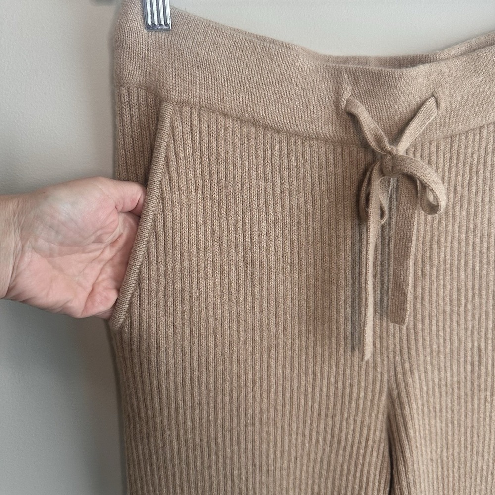 Hass Alpaca Ribbed Wide Leg Pants L Peruvian Loungewear Camel Beige Cozy Pull On - Picture 2 of 7